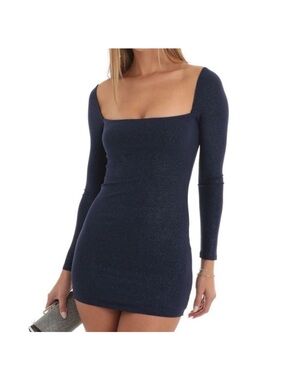 Lucy In The Sky Giulia Sparkling Square Neck Dress In Navy Shimmer Size Large